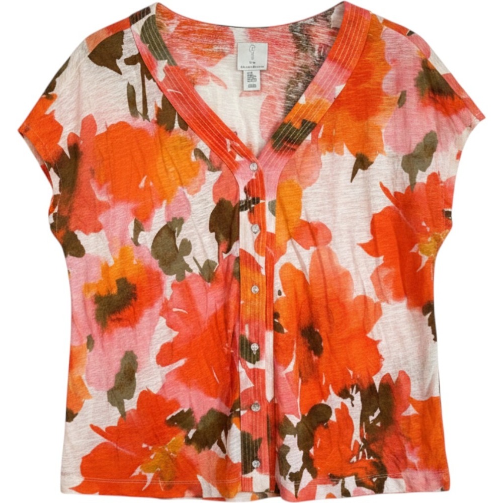 Joie Womens 2X Linen Blend Floral Button Front V-Neck Short Sleeve Top Orange - Picture 1 of 6